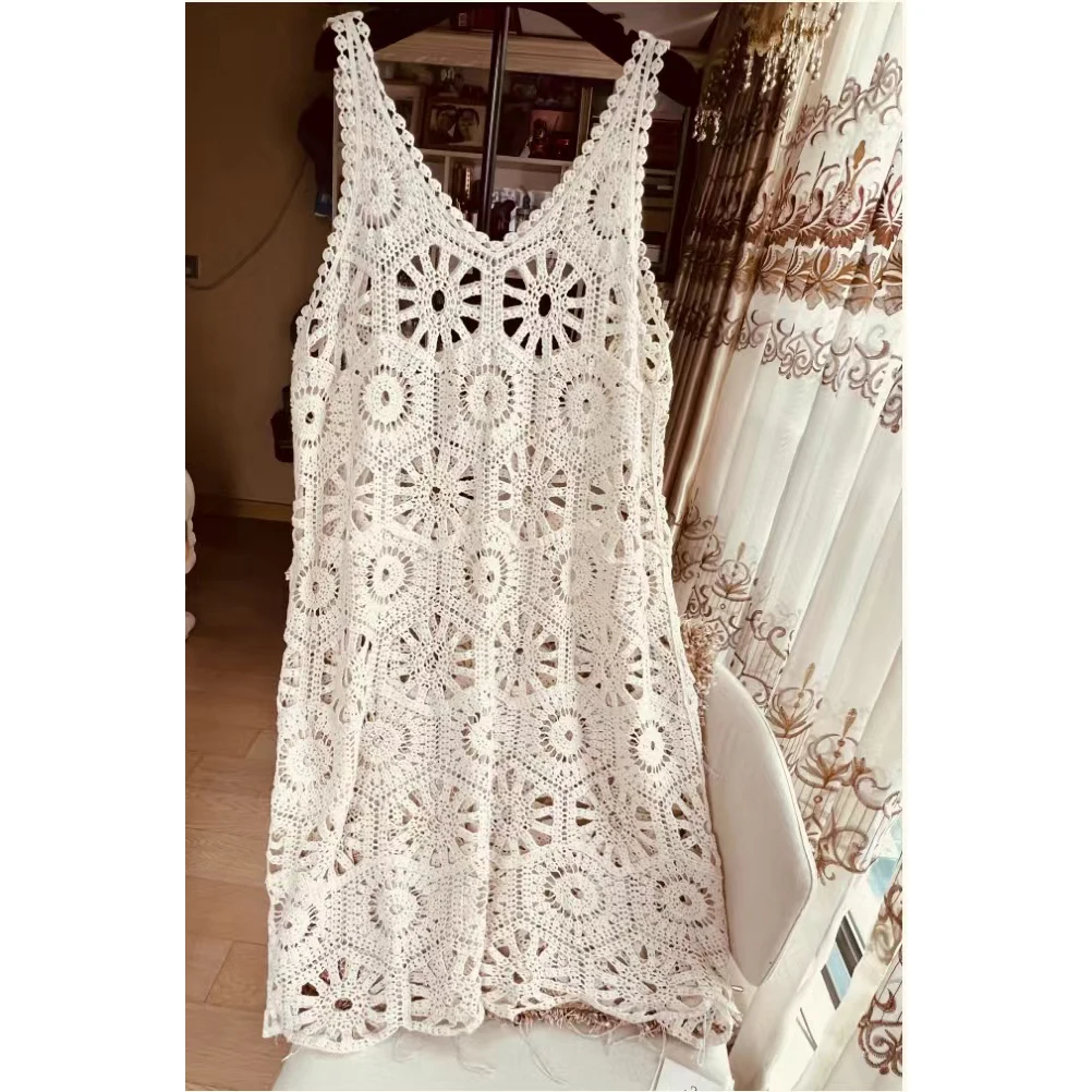 3D Flower Knitted Sling Long Dress Women Sexy Deep V-neck Backless Sleeveless Lace Up Femme Robes 2024 Summer Beach Dresses