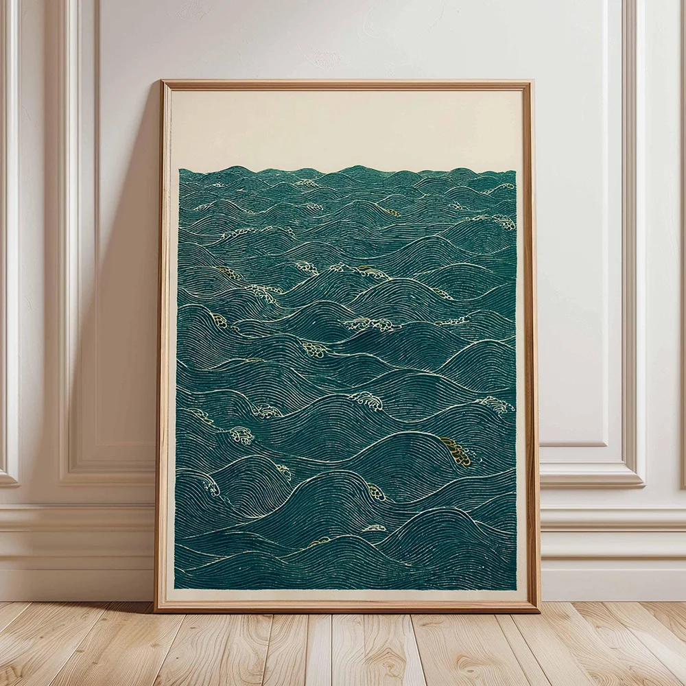 Affiche minimaliste de style Ukiyo-e vintage avec imprimé de tigre japonais nageant, décoration sur toile avec vagues océaniques japonaises et eau calme