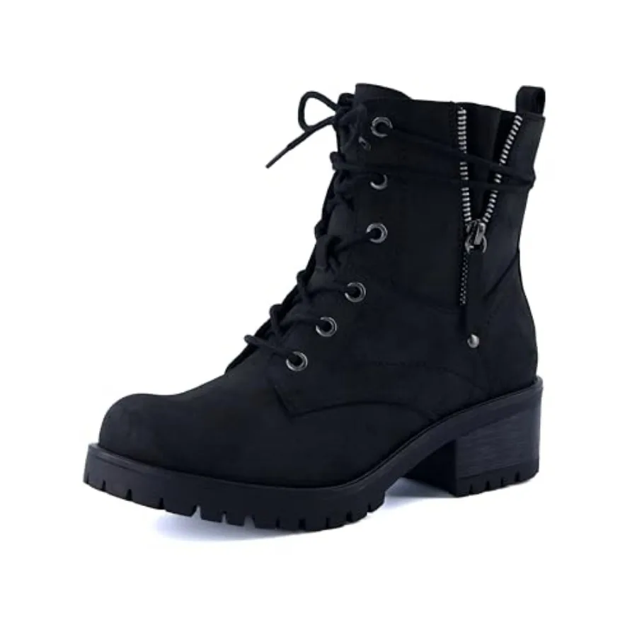 

Women's Kobe Heeled Combat Boots Lace-Up with Side Zipper, Memory Foam Insoles, Faux Fur Lining, Vegan Nubuck Leather, Wide Wid