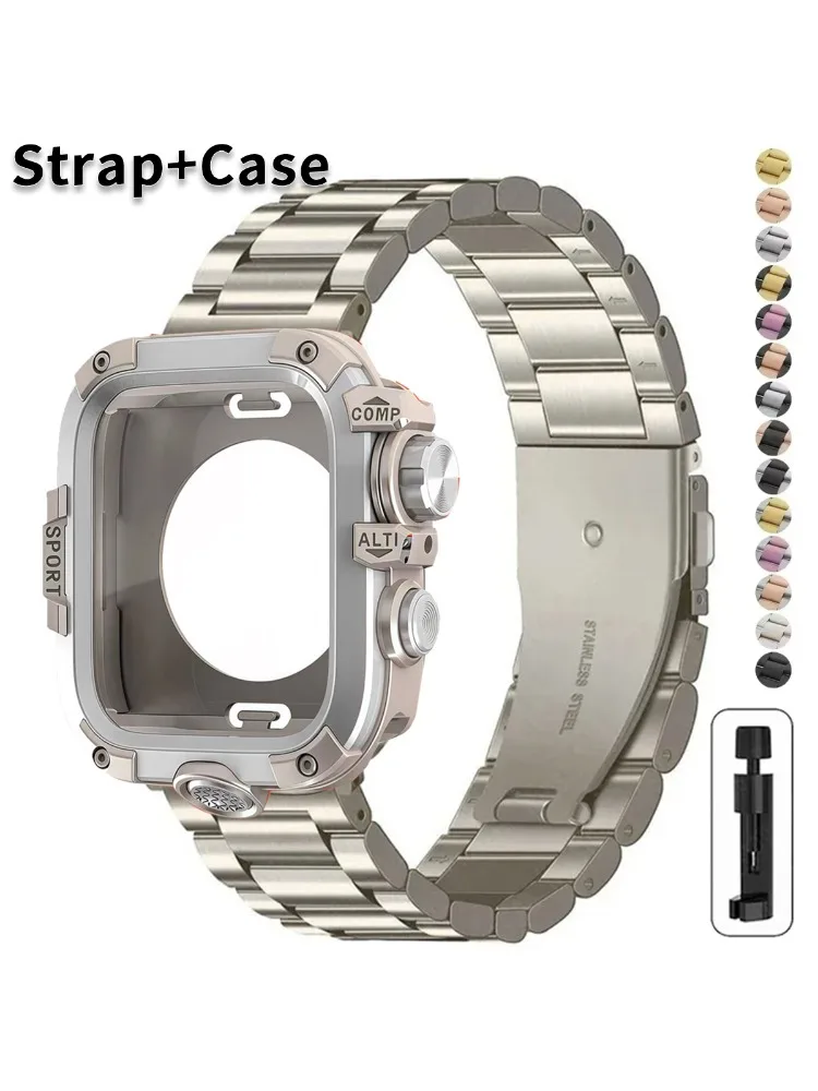 Metalowy pasek + etui do Apple Watch Ultra 3/2 49mm Series 11 10 46mm 42mm 9 8 7 45mm, osłona ochronna ze stopu PC do Iwatch 6 SE3 5 44mm — zdjęcie produktu 7
