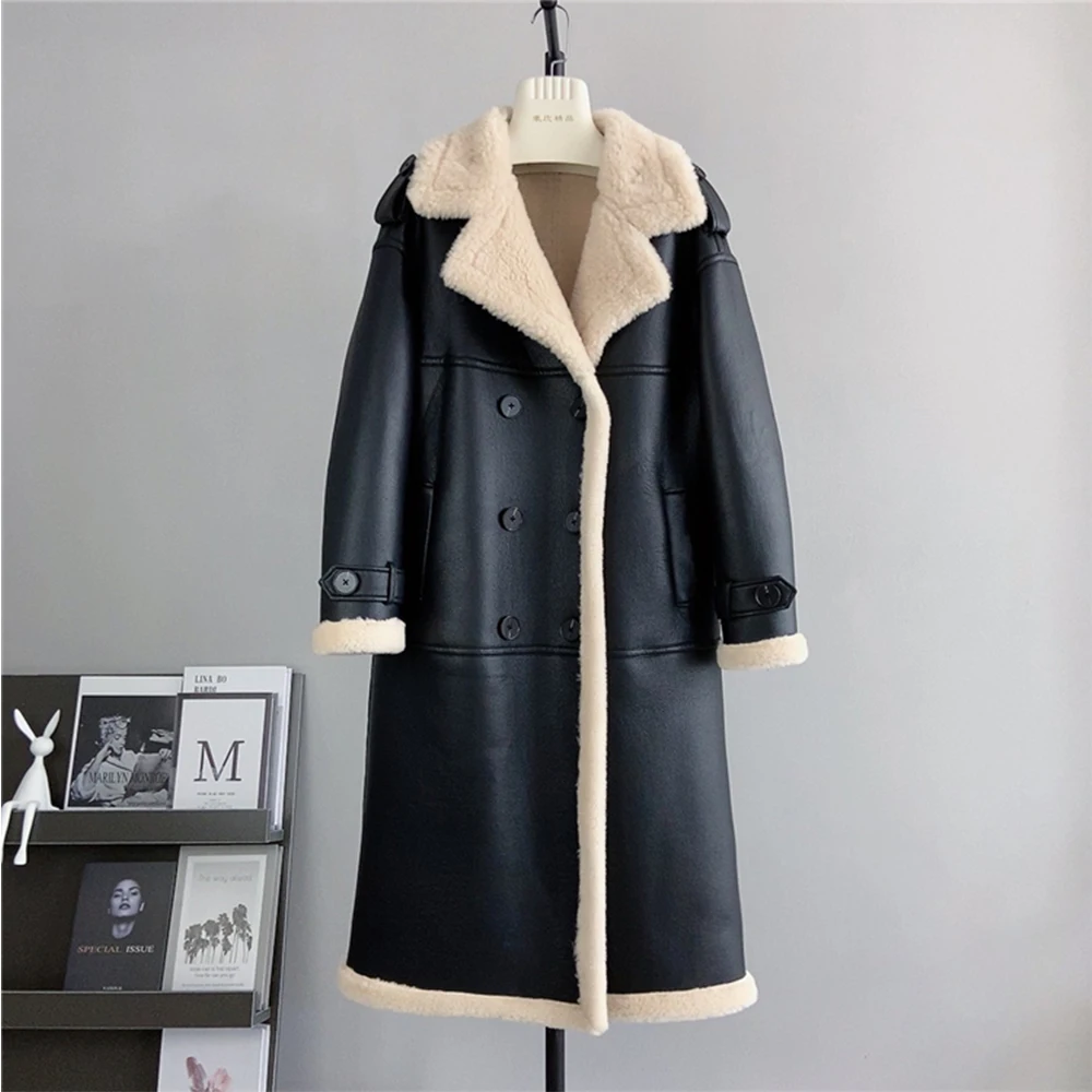 Luxury Women Woolen Jackets Textured Pu Leather Lapel Collar Long Coats Thick Warm Female Winter Commute Overcoats