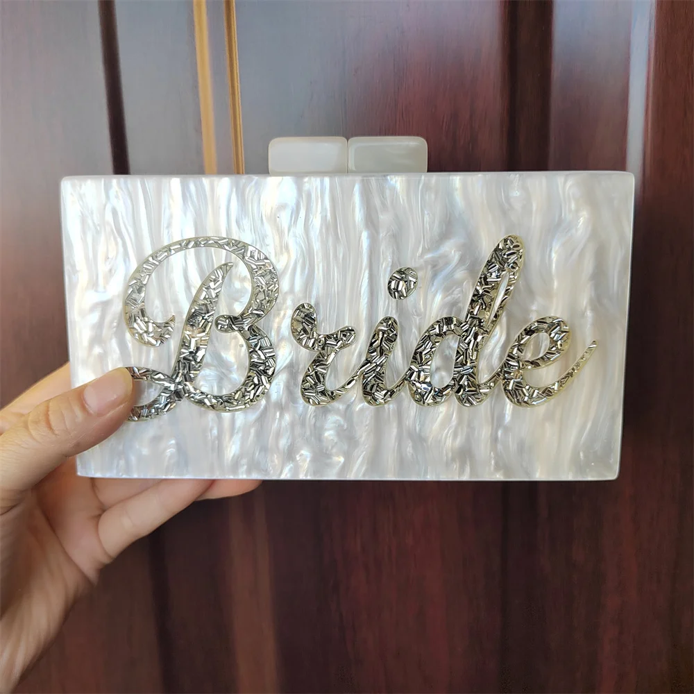 Pearl White Letter Name Bride Wedding Party Evening Vacation Acrylic Beach Bag Women Summer Designer Ladies Shell Purse Wallets