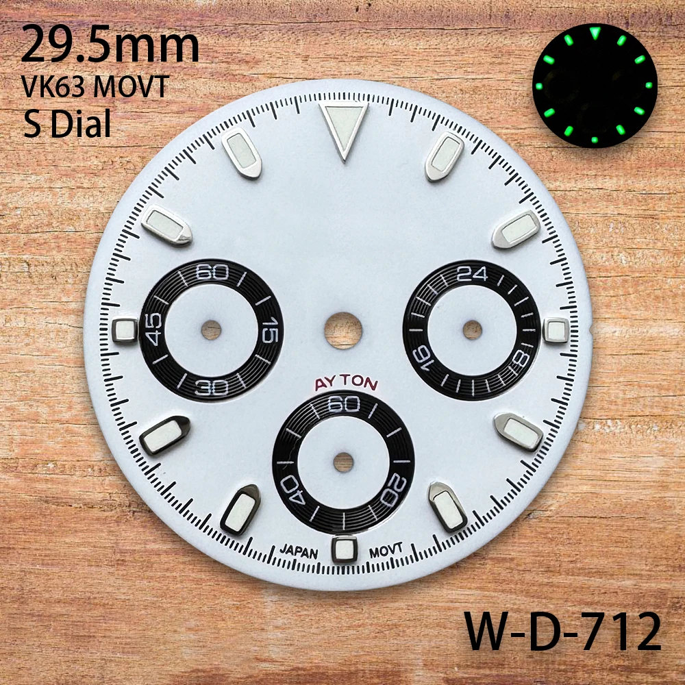 29,5 mm S-Logo Panda DTN Zifferblatt passend für VK63-Uhrwerk, grün leuchtendes, hochwertiges Zifferblatt, Uhrenmodifikationszubehör