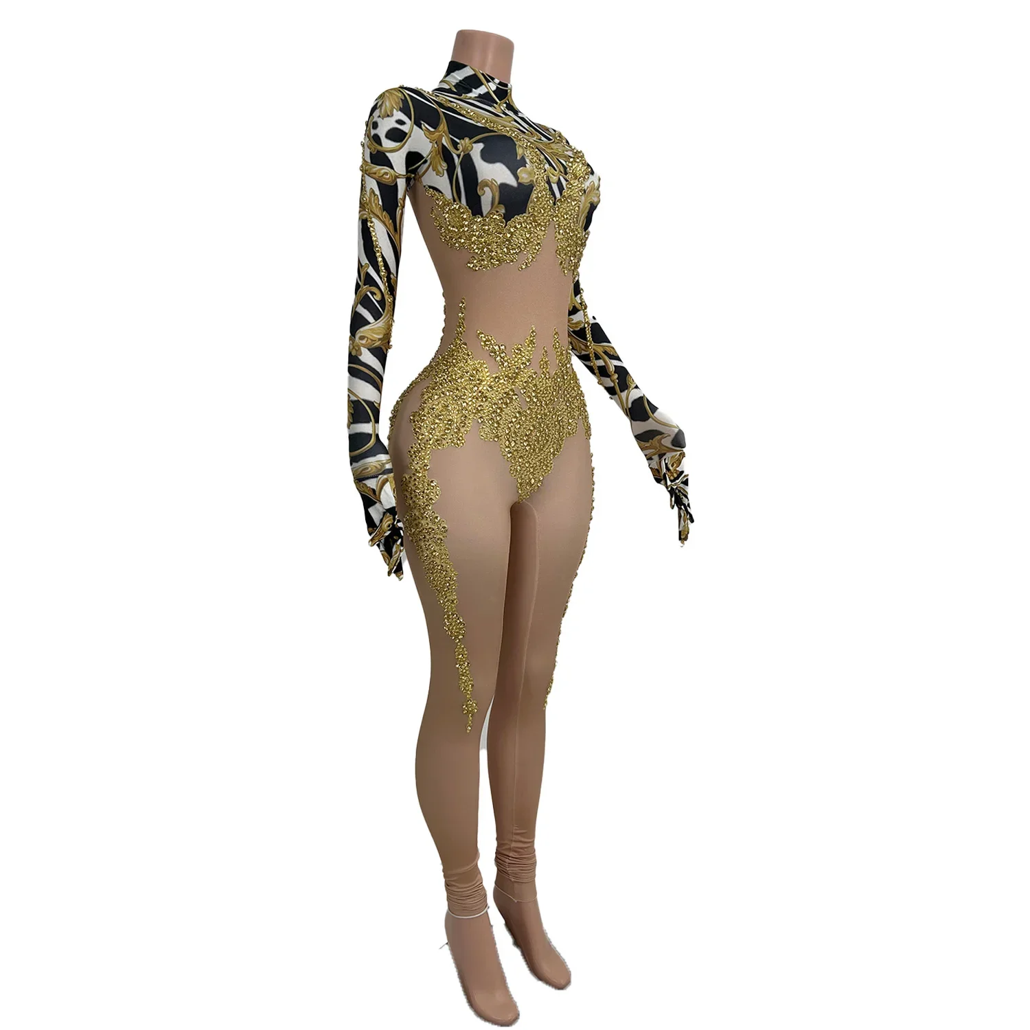 Sparkly Stretch Women Gold Zebra Striped Jumpsuits Pole Dance Bodysuits Cheerleading Drag Queen Party Outfit Photo Shoot Leotard