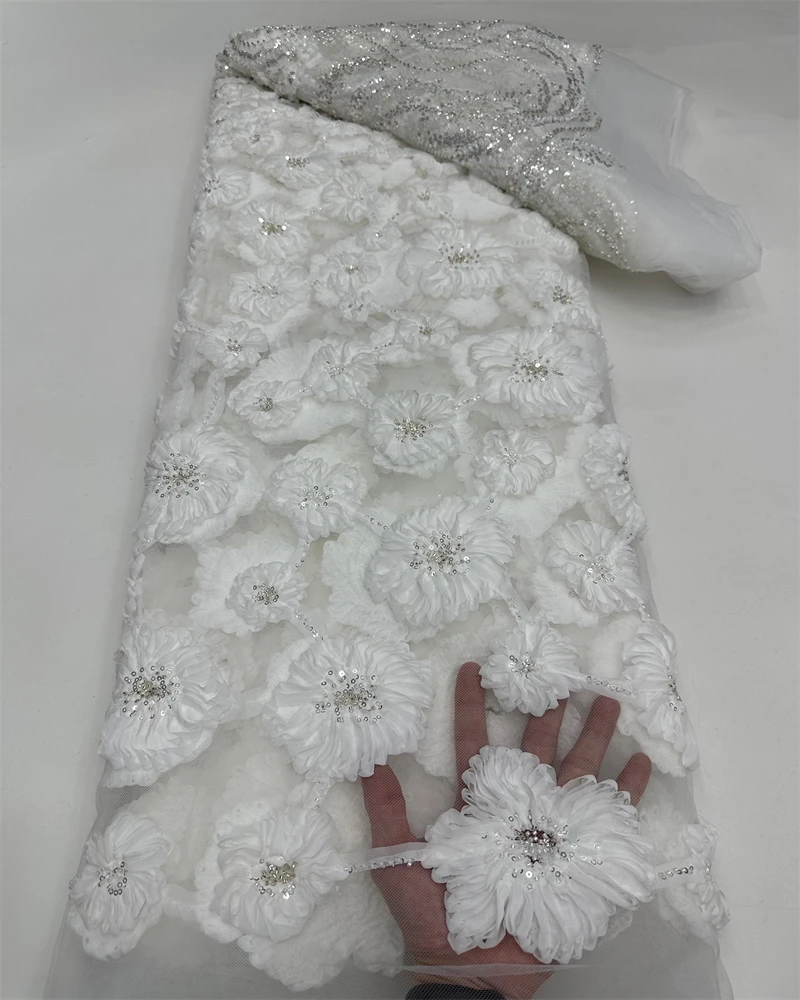 Encaje de tela africana con cuentas 3D de lujo - 5 yardas de alta calidad para costura de vestidos de novia