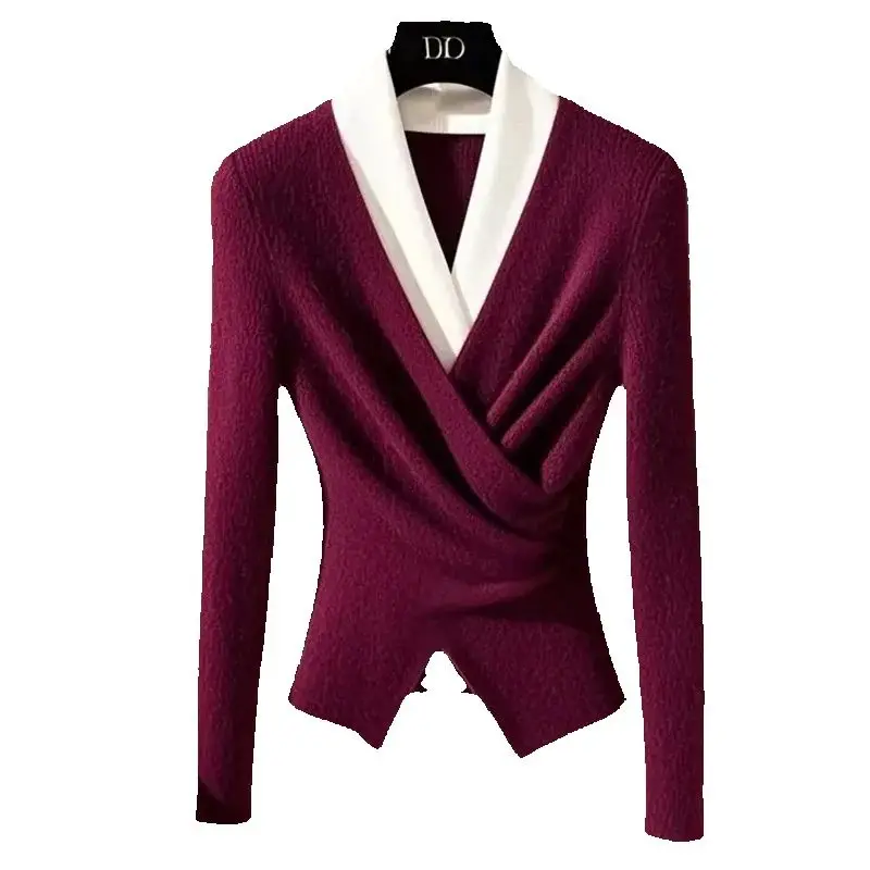 Design Blue Fake Two-Piece Sweater Women\'s Autumn And Winter New High-Grade Super Nice V-Neck Bottoming Sweater