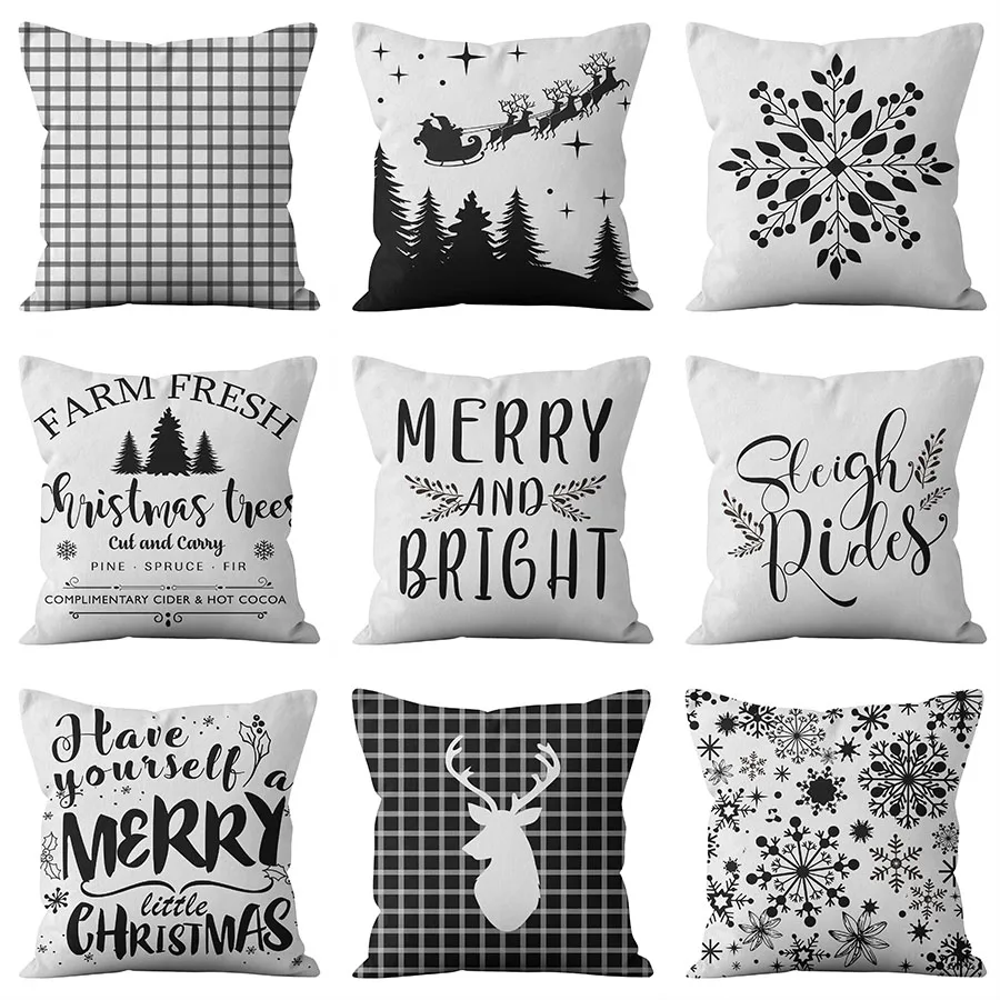 Merry Christmas Decor Throw Pillow Case Black White Grid Check Tartan Cushion Covers for Home Sofa Chair Decorative Pillowcases