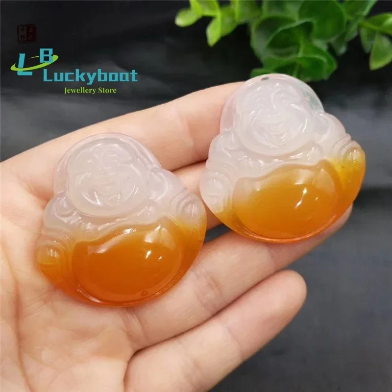 Natural Chinese Agate Jade Pendant Buddha White Yellow Fashion Charm Hand Carved Jewellery for Men Women Blessing Amulet Gifts