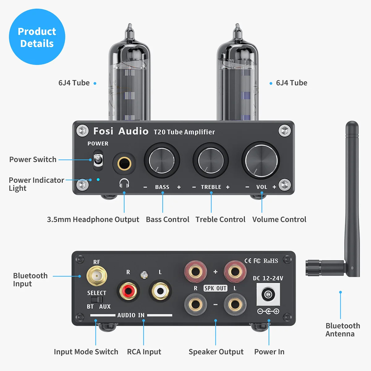 FOSI แอมป์หลอดสุญญากาศบลูทูธ T20เสียงสเตอริโอ aptX HD แอมป์หูฟัง TPA3116 50W สำหรับลำโพงบ้าน