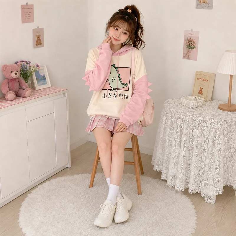 Niedlicher Dinosaurier-Hoodie mit Cartoon-Grafik, Pullover-Sweatshirt, Langarm, Oversized, Casual Y2K Streetwear Kapuzenpullover – Detail 13