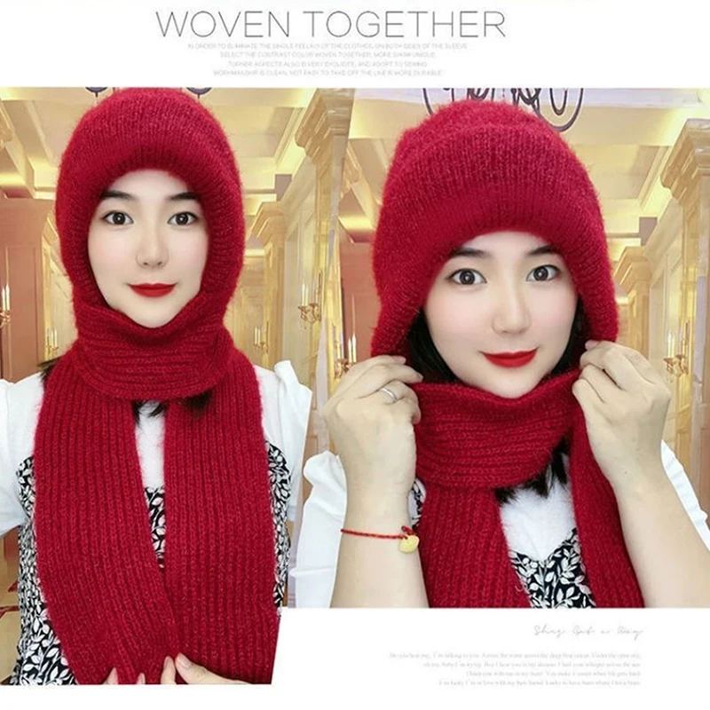 Hat Scarf All-in-one Female Winter Warm Rabbit Hair Ear Padded Cute Knitted Neck Protection Cold-proof Cycling Cap