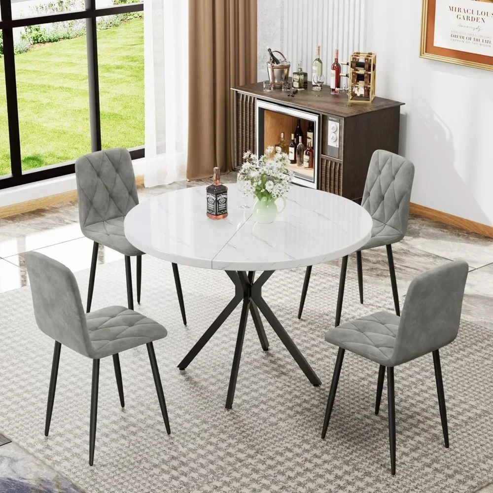 Round Dining Table Set of 4, 39 inch Round Kitchen Table Set with 4 Upholstered Velvet Chairs, Space-Saving Dining Table Set