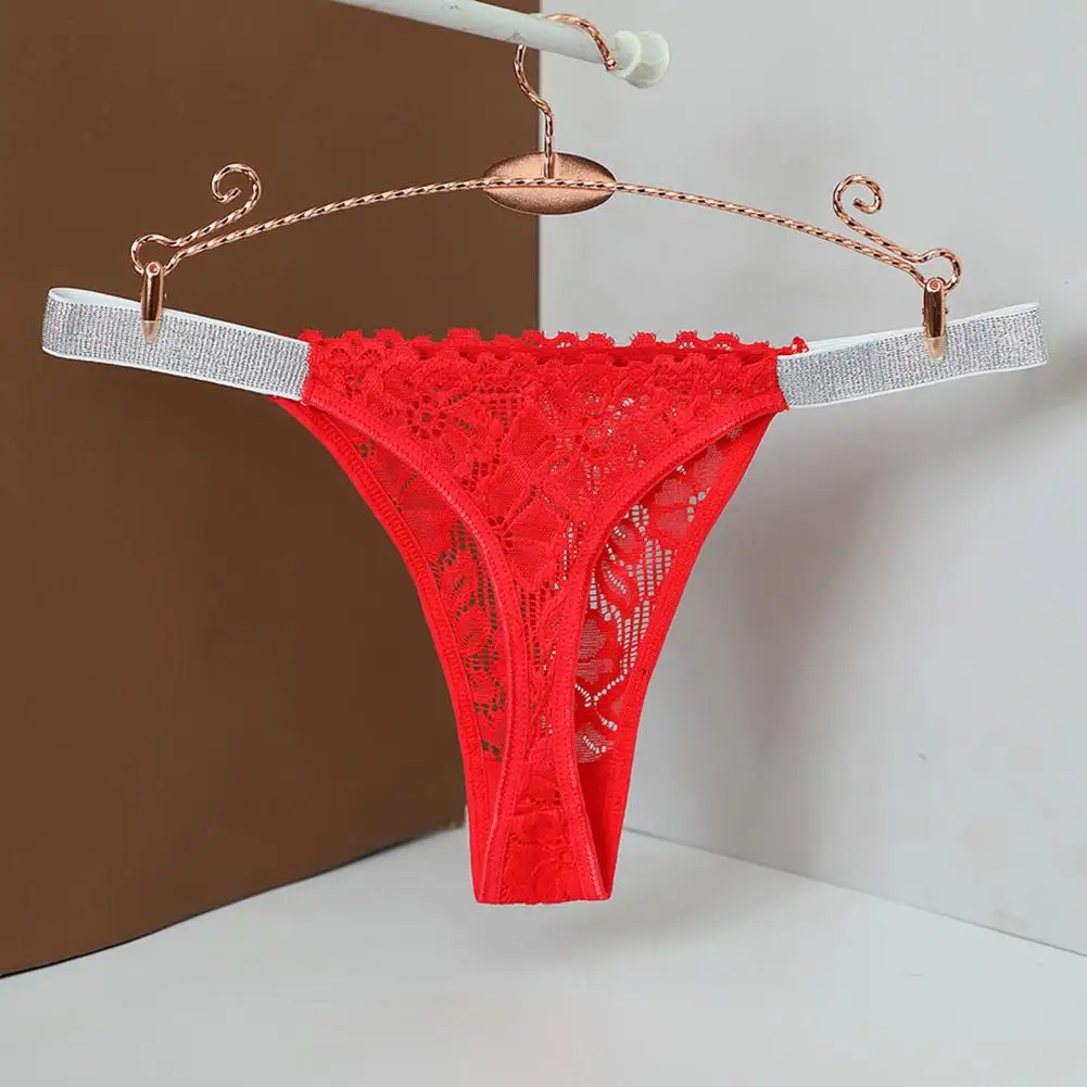 Lady Thin Sequin Thong Panties with Lace Embroidery for Women Mid Waist Underwear with Breathable Fabric Floral Details Women