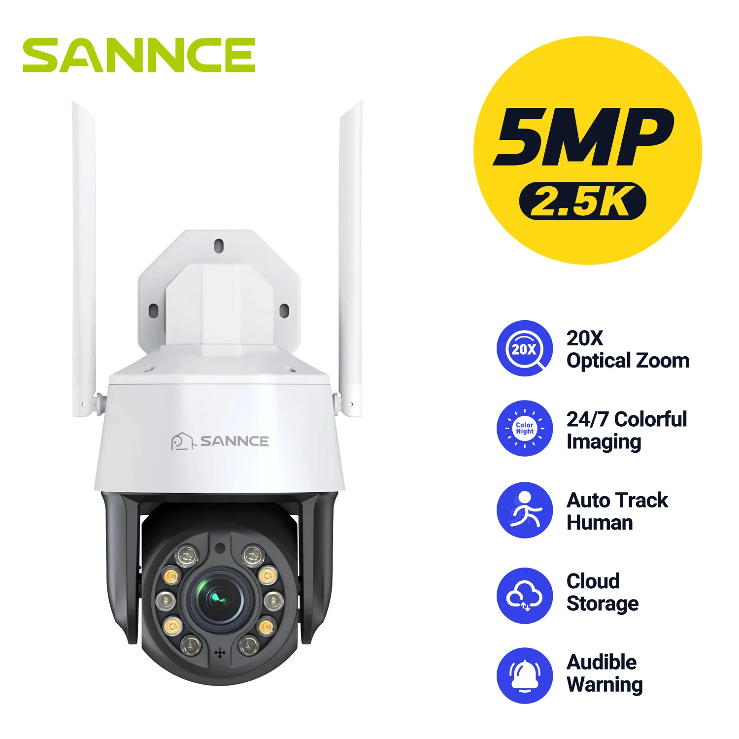 SANNCE 5MP 20X optical zoom Camera Built-in Microphone Speaker Wifi Survalance Camera Full-Color Human detection Smart Tracking