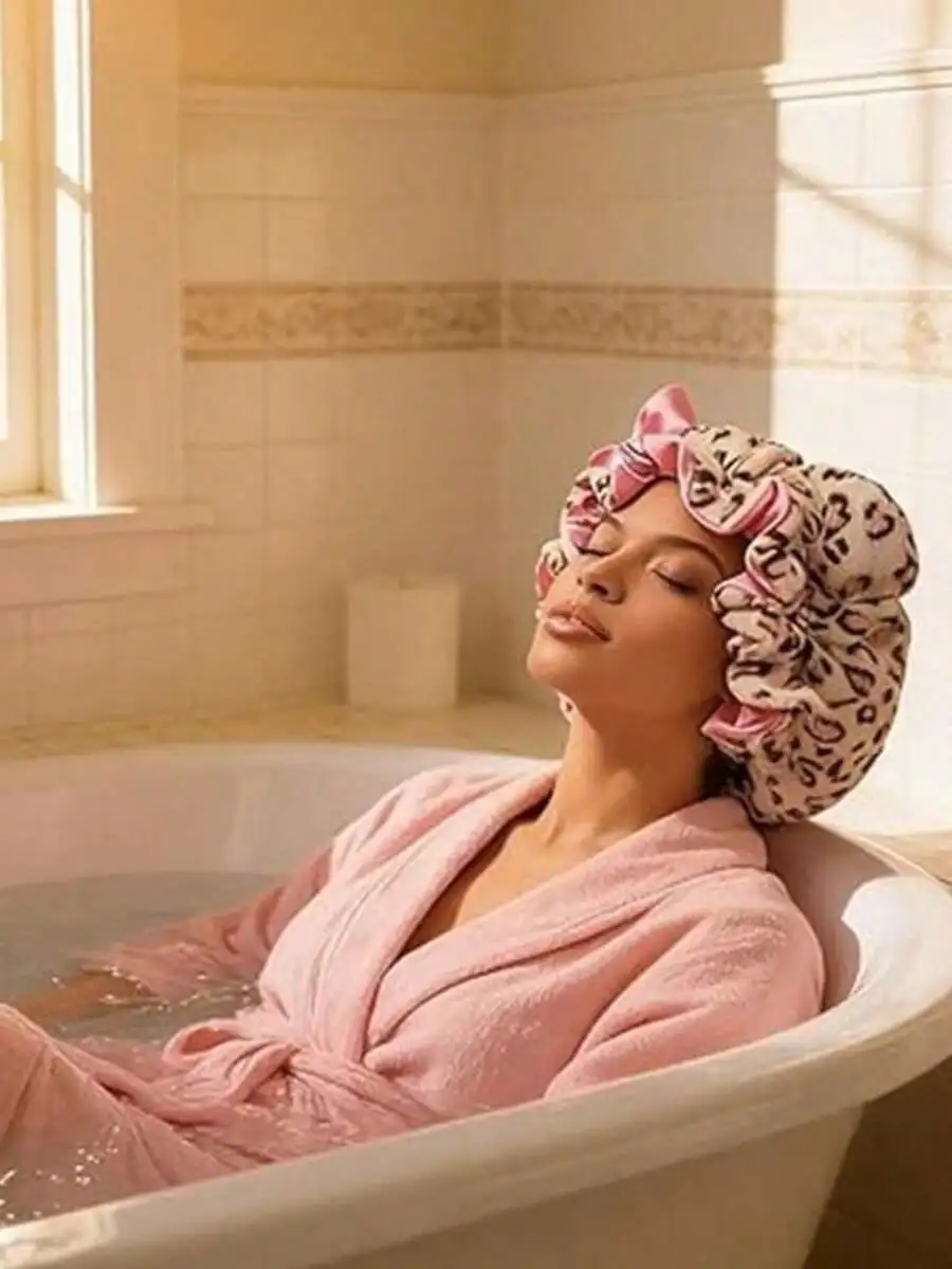 1 Stück Luxuriöse Schlafmütze mit Leopardenmuster aus Rosa Teddyfleece, Verstellbare Anti-Frizz-Mütze mit Satinfutter, Bequem Dehnbar – Detail 4