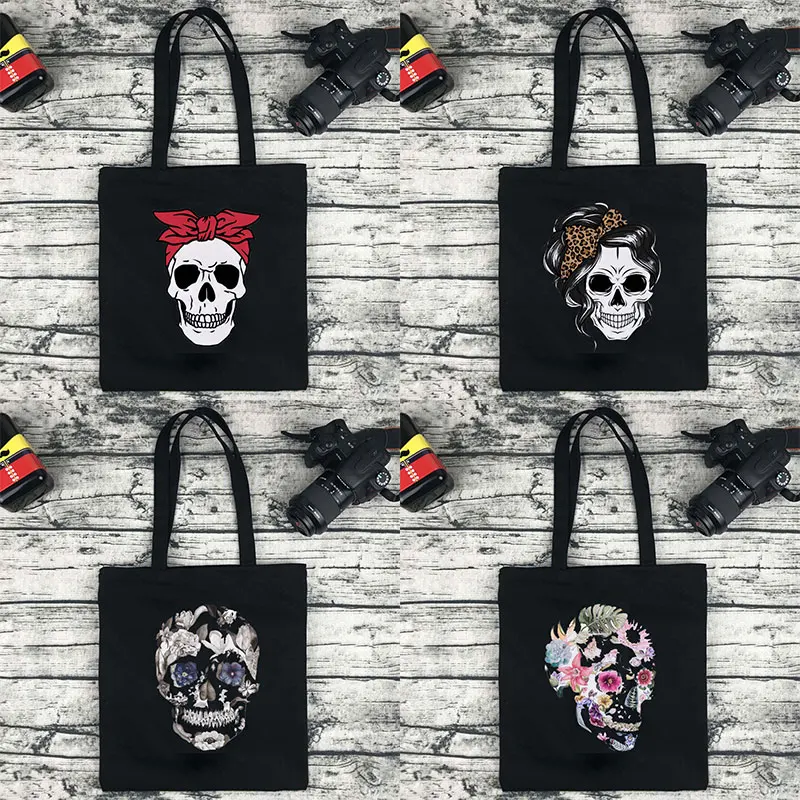 Skull Print 2022 Ladies Handbag Cloth Canvas Tote Black Shopping Travel Women Eco Reusable Shoulder Shopper Student Shopping Bag