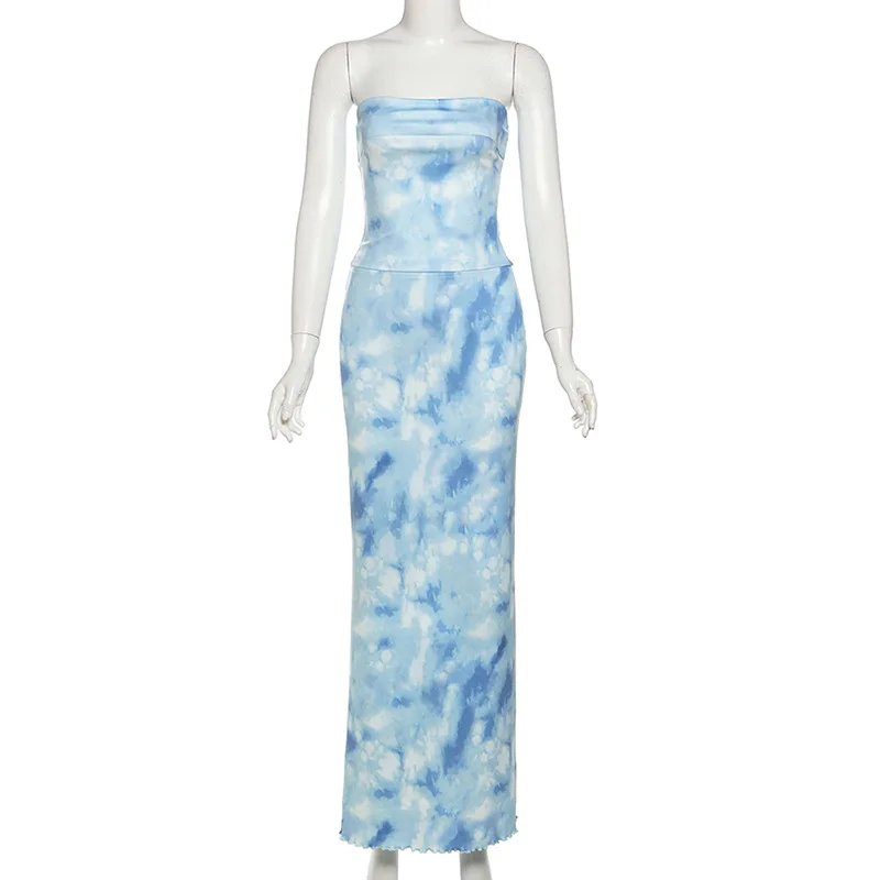 

Summer new sexy slim fit exposed navel strapless top+high waist temperament skirt two set