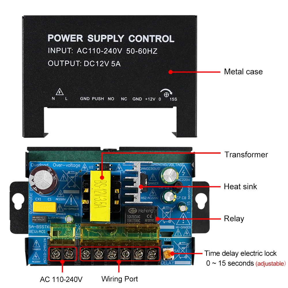 Interruptor de fuente de alimentación de Control de acceso, adaptador para sistema de intercomunicación de vídeo, salida de AC110V-240V, DC 12V, 5A,