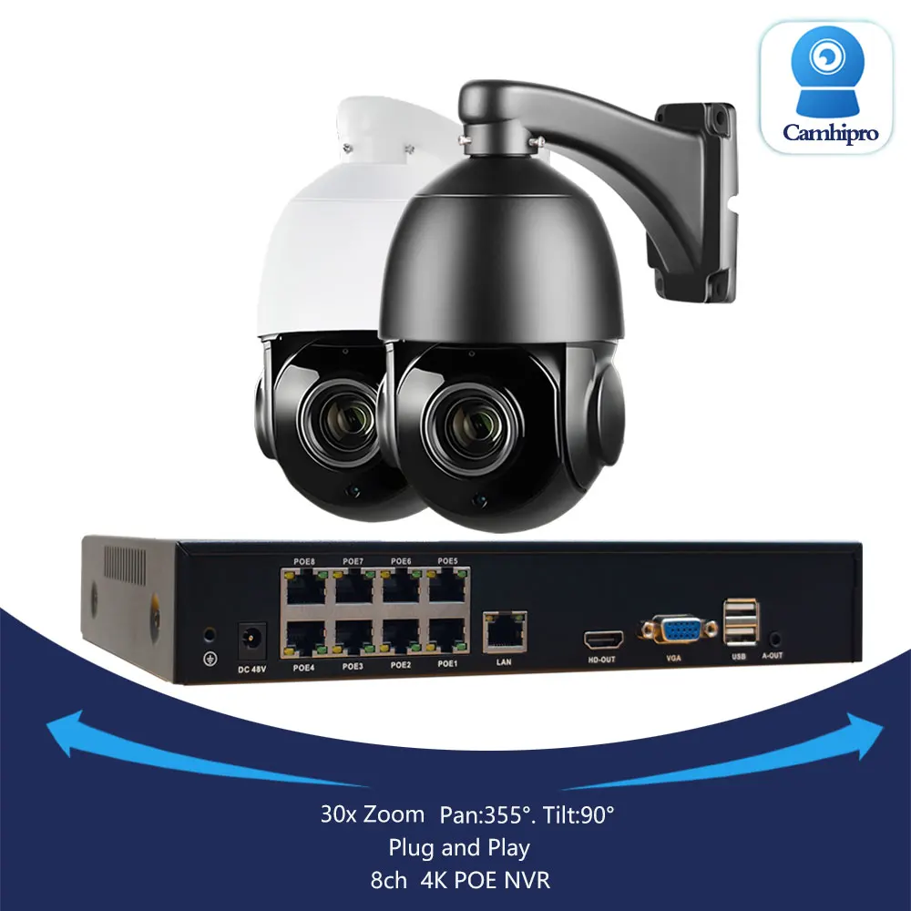4K 8MP Security PTZ Speed Dome 30X Zoom Surveillance POE 5MP Two Way Audio IR 80m 8CH POE NVR Kit Plug And Play
