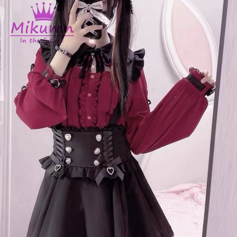 

Mikumn Harajuku Kawaii Lolita Shirts Women Y2k Japanese Sweet Bow Lace Hollow Out Bat Collar Black Red Gothic Blouse Elegant Top