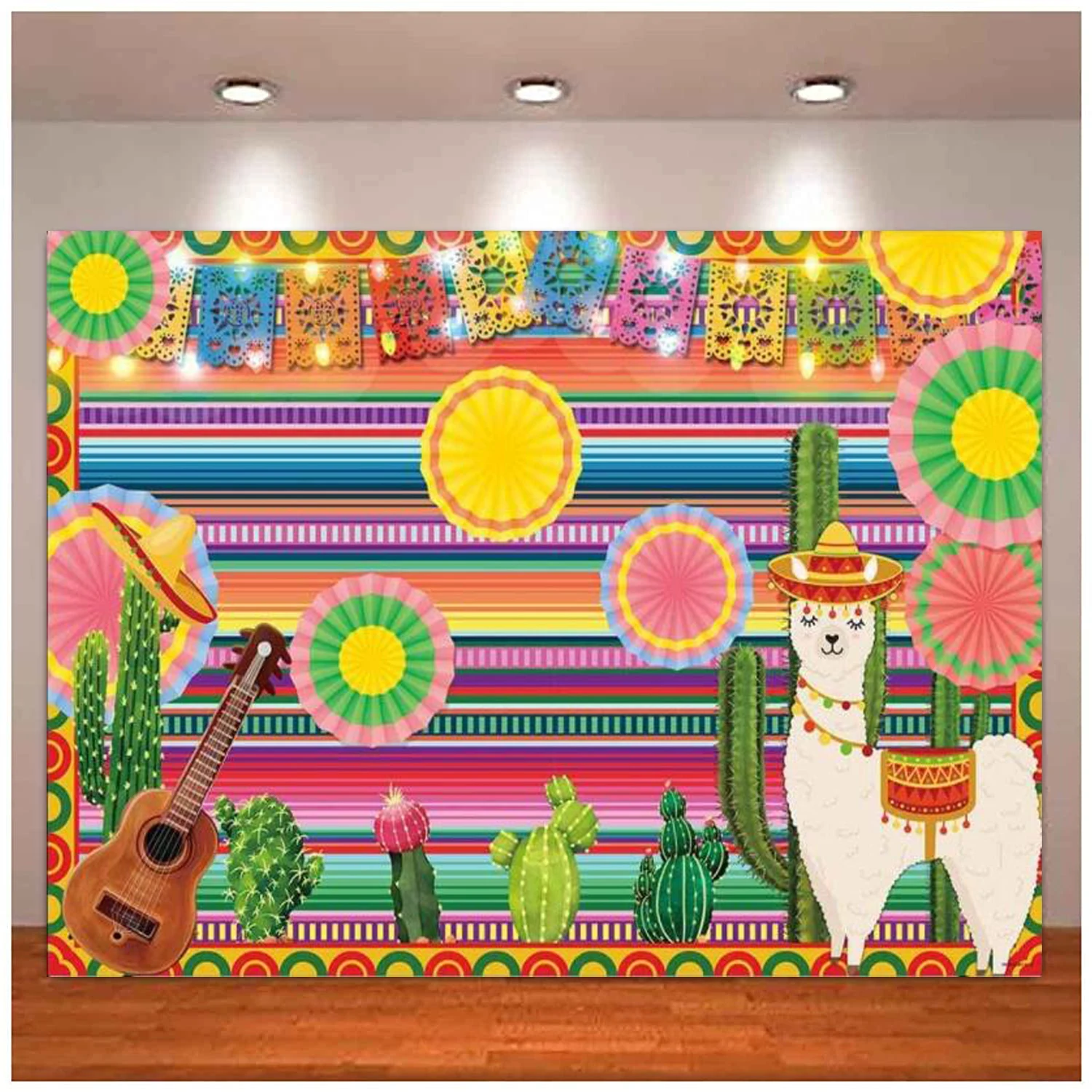 Mexican Fiesta Photography Backdrop Cactus Alpaca Party Background Cinco De Mayo Colorful Stripes Luau Carnival Banner Decor