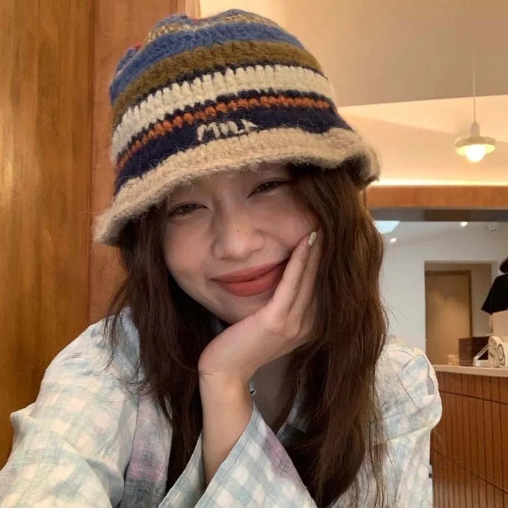 

Warm Knitted Bucket Hat Temperament Anti-cold Striped Fisherman Hat Contrast Color Korean Style Woven Basin Cap Daily