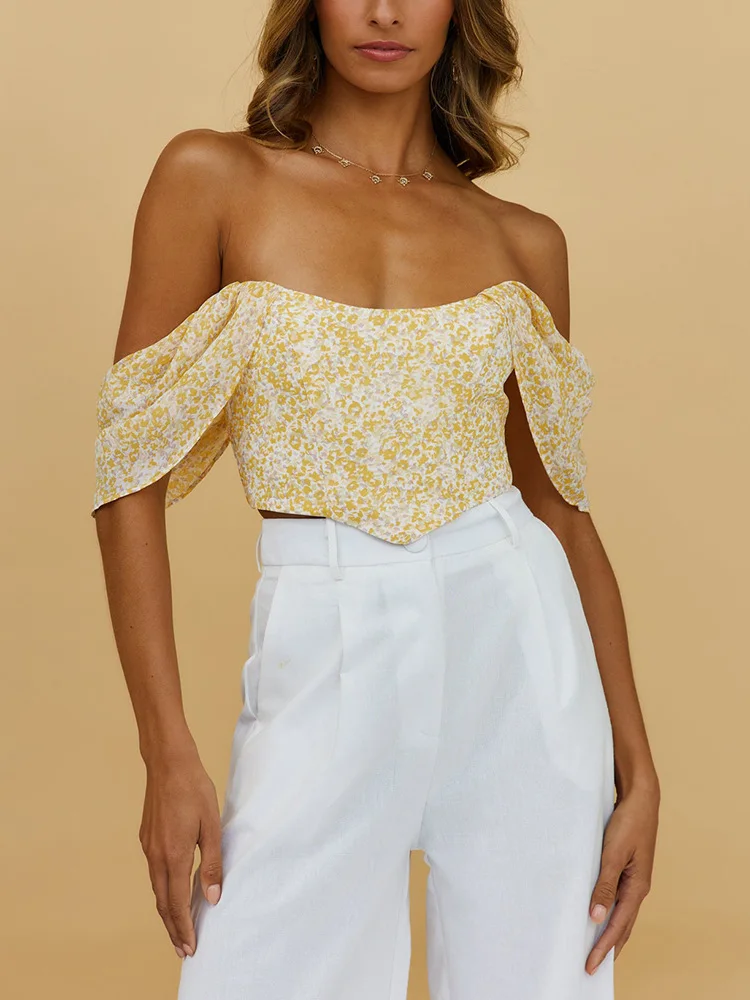 

Summer Clothes For Women 2022 Vacation Beach Style Floral Print Top Scooped Neck Off Shoulder Back Zipper Fitted Sexy Crop Tops