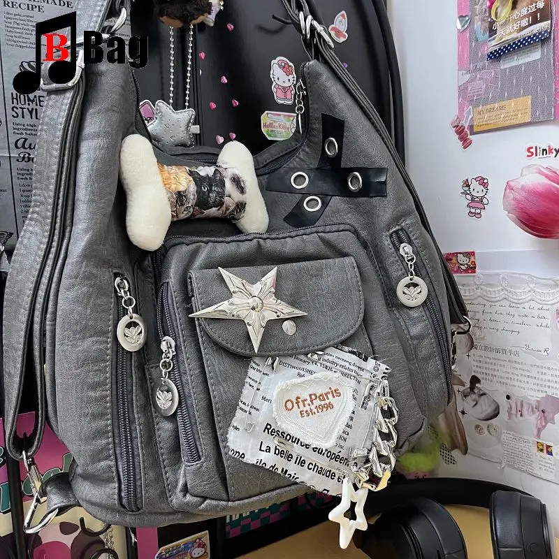 Y2K Gothic Women Lolita Spicy Girls Punk One Shoulder Handbags Harajuku Female Grade Grey Star Bone Soft Skin Underarm Bag Totes