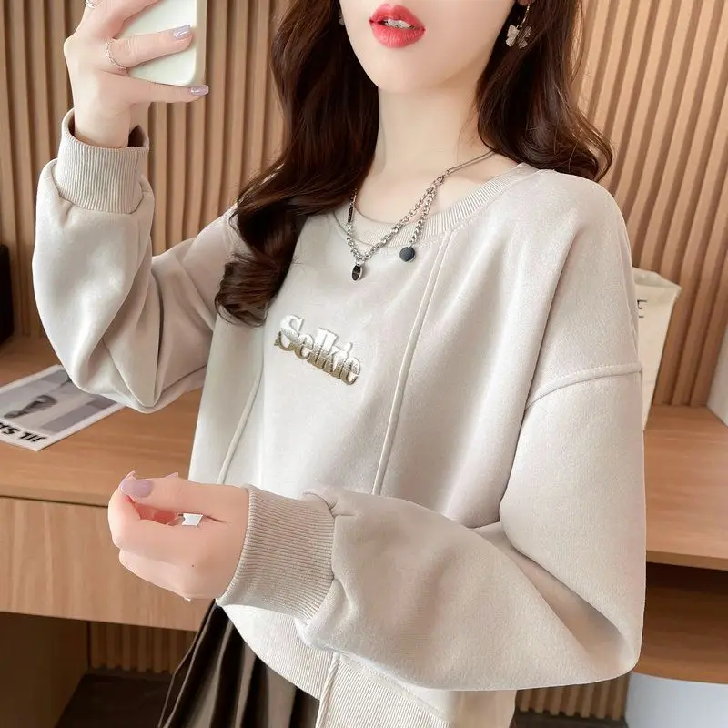 Office Lady Spring Autumn Women\'s Clothing Pullover Letter Round Neck Solid Color Lantern Long Sleeve Casual Loose Fashion Tops