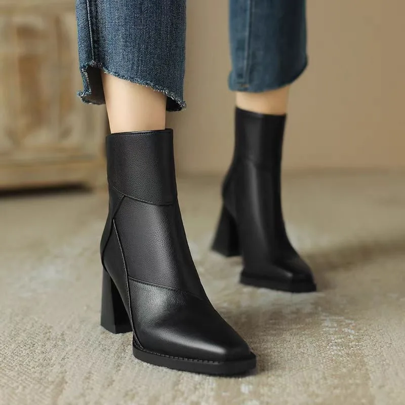 Retro Brown Women's Boots 2024 Autumn New High Heels British Style Small Square Head Thick Heel Zipper Women's Single Boots