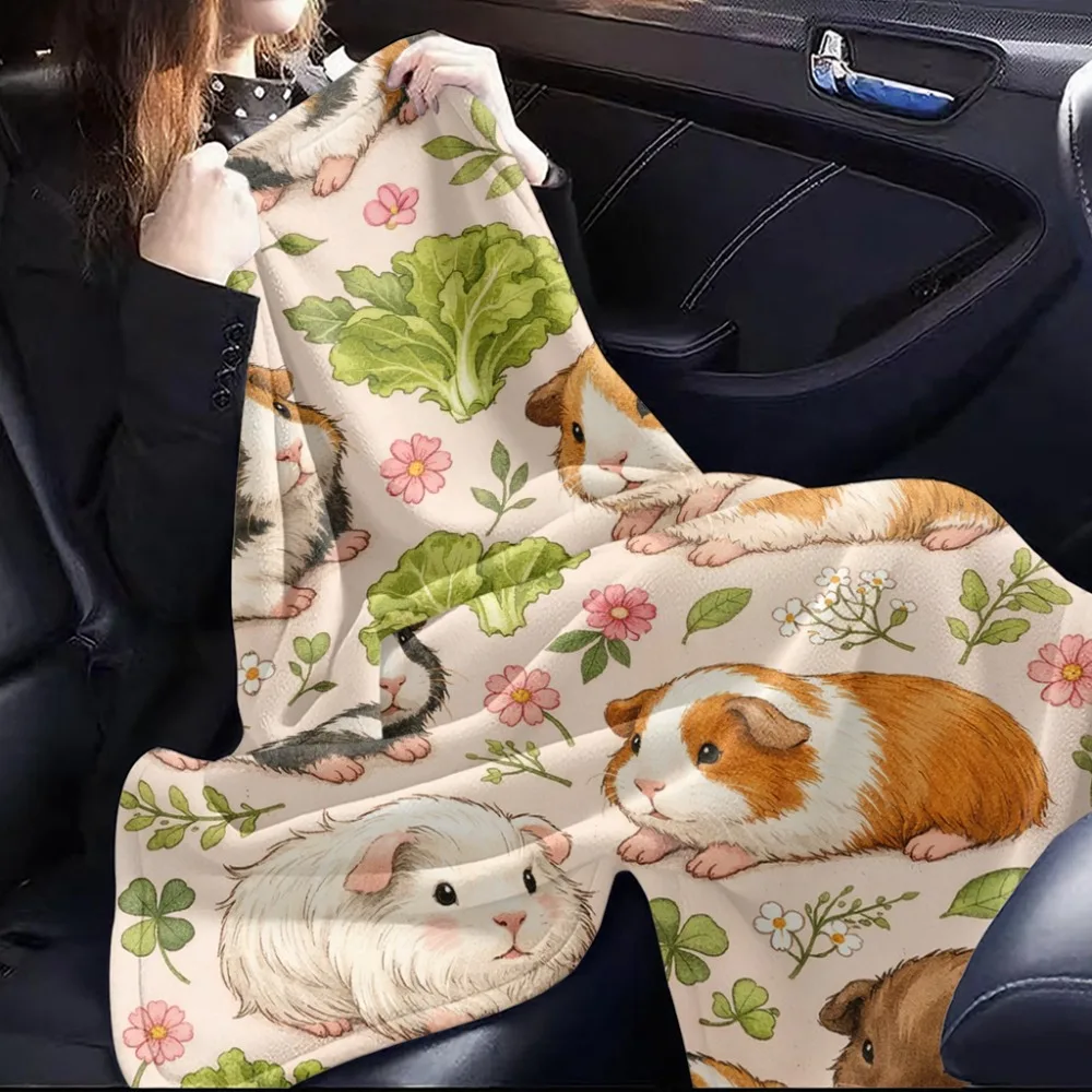 Watercolor Multi‑Color Guinea Pig Clover Flower Lettuce Seamless Pattern Flannel Blanket Cozy Plush Bedspread Portable Travel