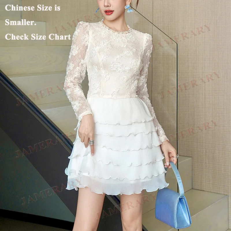 Vestidos cortos de noche formales de lujo de princesa de hadas para mujer, vestido de fiesta bordado 3D de manga larga con encaje bordado de verano y otoño