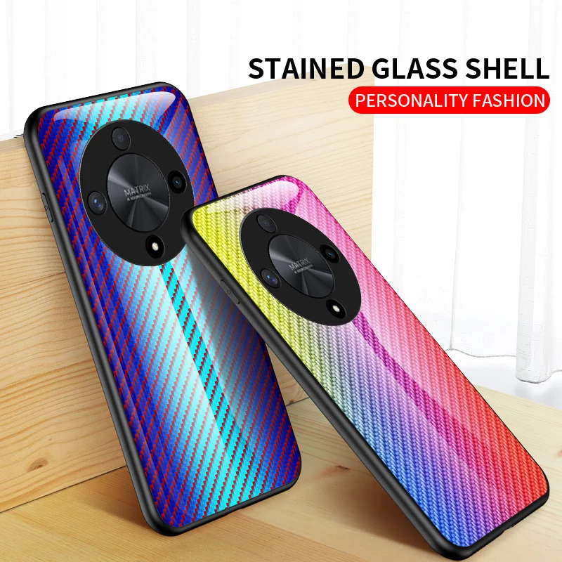 Honor X9B 5G ALI-NX1 Case Carbon Fiber Grain Tempered Glass Colored Back Cover Hard Phone Case for Honor X9B HonorX9B ALI NX1