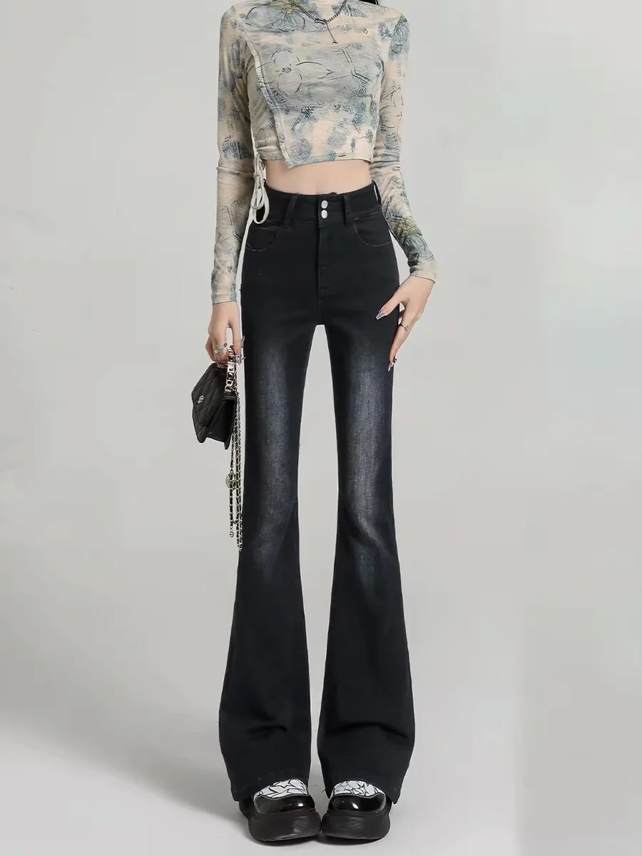 

High Waist Bell Bottom Jeans Women's Slim Fit Tall Size Summer New Style Micro Flared Denim Pants American Style Washed Jeans