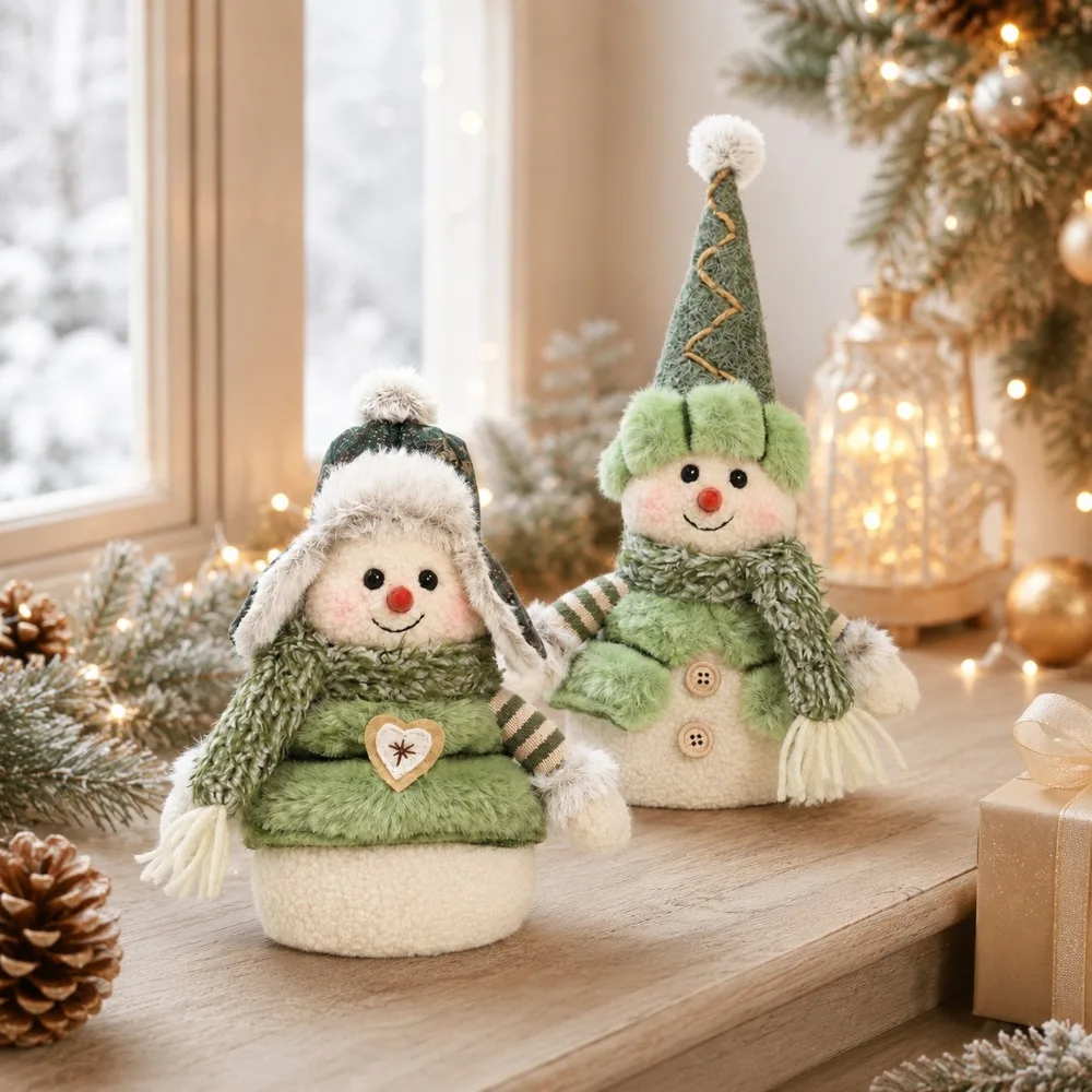 Two-piece Christmas green snowman figurines, presenting a fresh and soft green-themed snowman design with gentle texture and eye