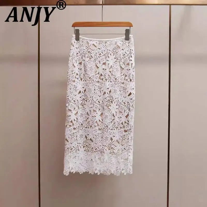 ANJY Spring Summer New Women Fashion French Style High-End Heavy Lace Hollow Out Bodycon Skirt Elegant Trend Sweet Skirts A22041