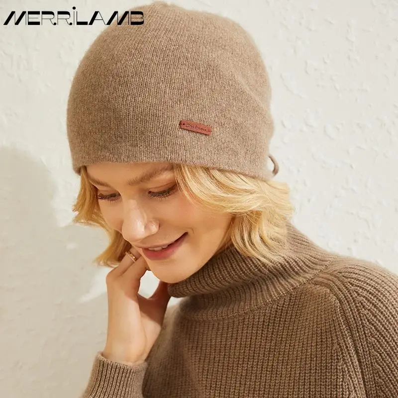 MERRILAMB Cashmere Hat Winter New 100% Cashmere Double-layer Drawstring Skullies Beanies Women Soft Keep Warm Pile Knitted Cap