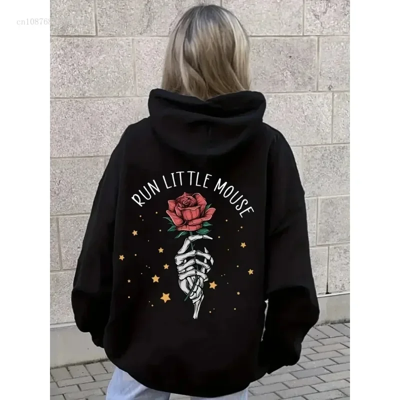 Run Little Mouse Rose Back Print Hoodie Women\'s Fleece Hoodie High Street Versatile New Autumn/Winter Women\'s Hoodie