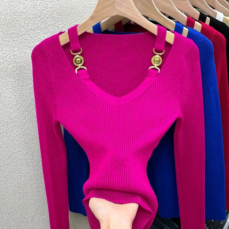 Solid Color Undercoat Sweater Ladies Fashion Long Sleeve Knitting Tops Autumn Winter Solid Color Pullovers Women\'s Clothing