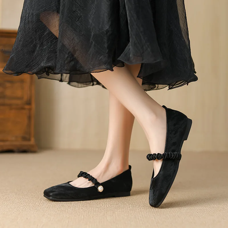 French New Style Sweet Mary Jane Flats Pearl Decorated Slip On Vulcanized Shoes for Women All Seasons