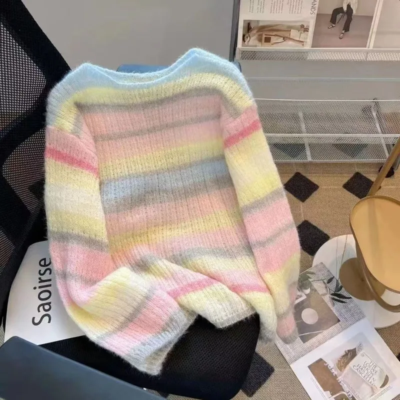 Women Rainbow Gradient Sweater Casual Crew Neck Lightweight Fine Knit Sweater Open Eyelet Knit Pullovers Sweet Oversized Jumpers