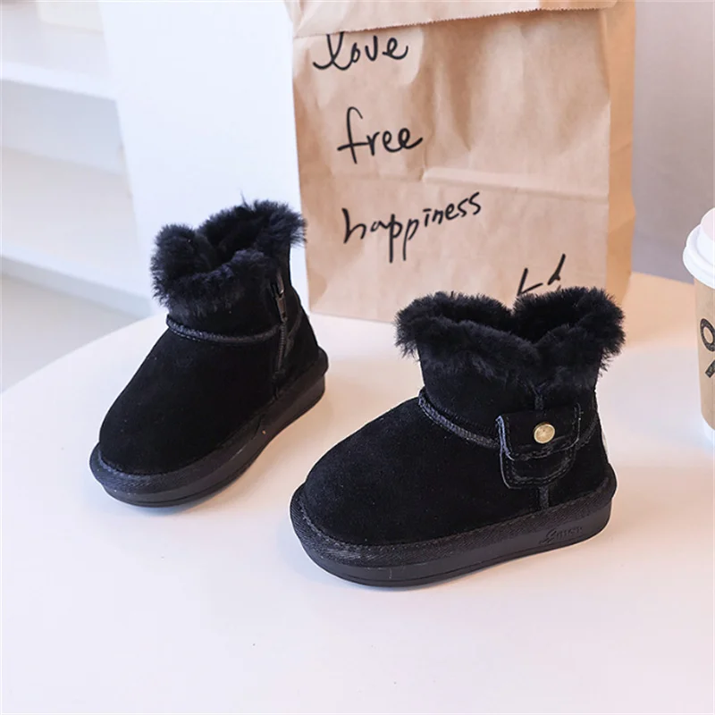 Genuine Leather 2024 Winter Children Snow Boots Soft Sole Warm Plush Pocket Design Zip Side Kid Shoes Fashion Toddler Girls Boot