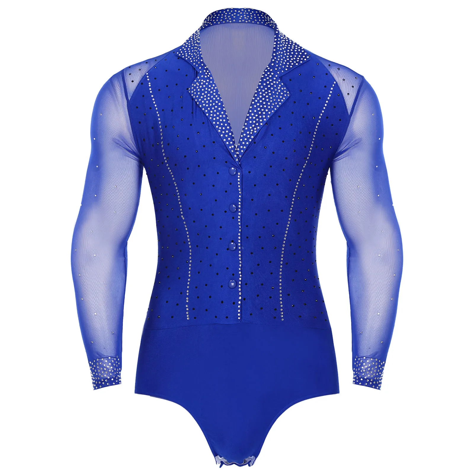 

#M-3XL Gentry Mens Latin Tango Ballroom Modern Dance Leotard R Sheer Mesh Patchwork Long Sleeve Sparkly Bodysuit for Performance