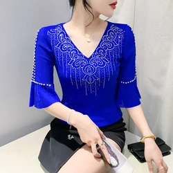 Black Summer Korean Style T-Shirt Sexy Women Hollow Out Shiny Diamonds Ruffles Tops Half Flare Sleeve Hot Tees 2024 New 451504