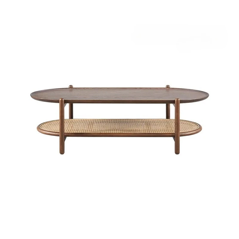

Nordic solid wood long round coffee table simple rattan art design baffle storage Nordic home living room coffee table table