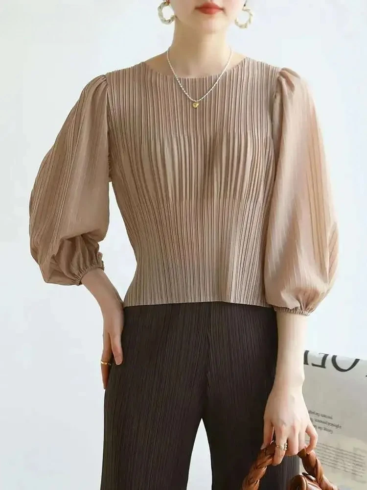 Elegant Lady's Clothing Pleated Round Neck T-shirt Female Solid Colour Versatile Casual Summer Women's New Miyake 2025 Summer