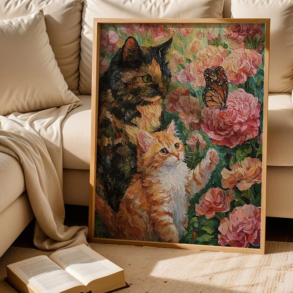 Oil Painting Style Cats And Butterfly In Peony Flowers Canvas Poster Wall Hanging, Wall Art For Living Room Bedroom, Vintage Cou