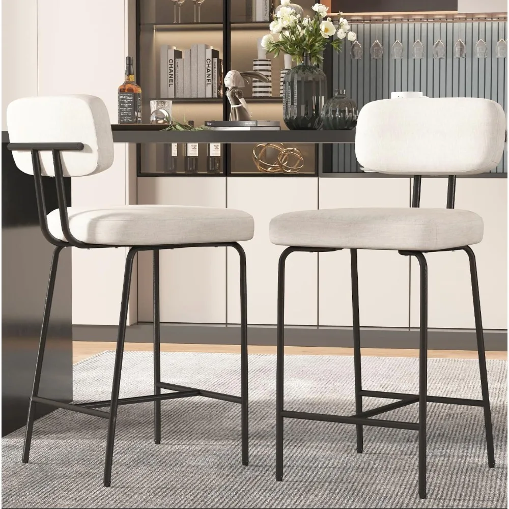 

Counter Height Bar Stools Set of 2, 26 inch Barstools Set of 2, Fabric Kitchen Stools with Back Wide Seat Footrest Metal Legs