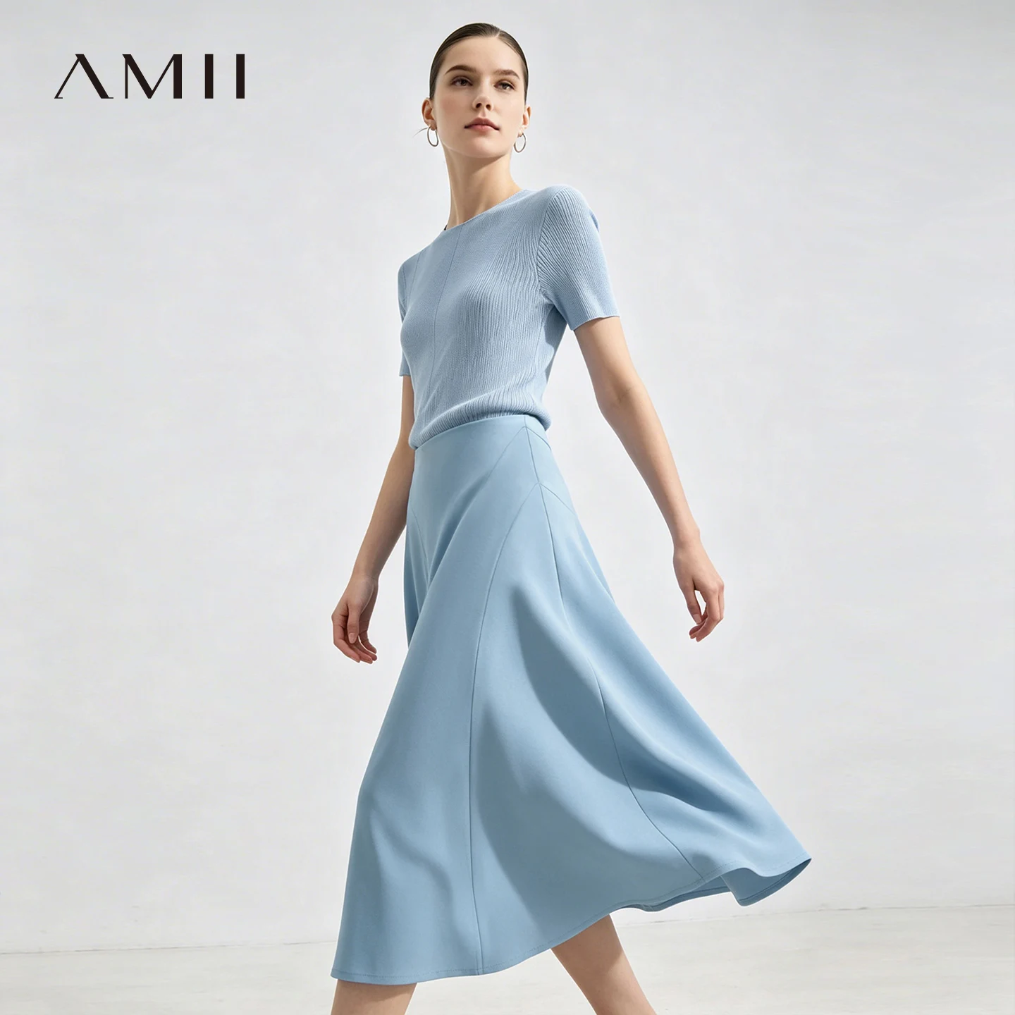 Amii Women's A-Line Skirt 2026 Summer New Stretch Air Layer Loose Solid Color Office Casual Midi Draped Skirt For Women 12622185