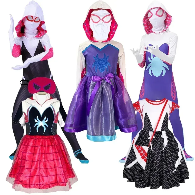 

Girls Gwen Stacy Ghost Spider Costume Bodysuit Women Adult Kid Halloween Cosplay Gwen Stacy Costume Fantasy Sexy Dress Up Outfit